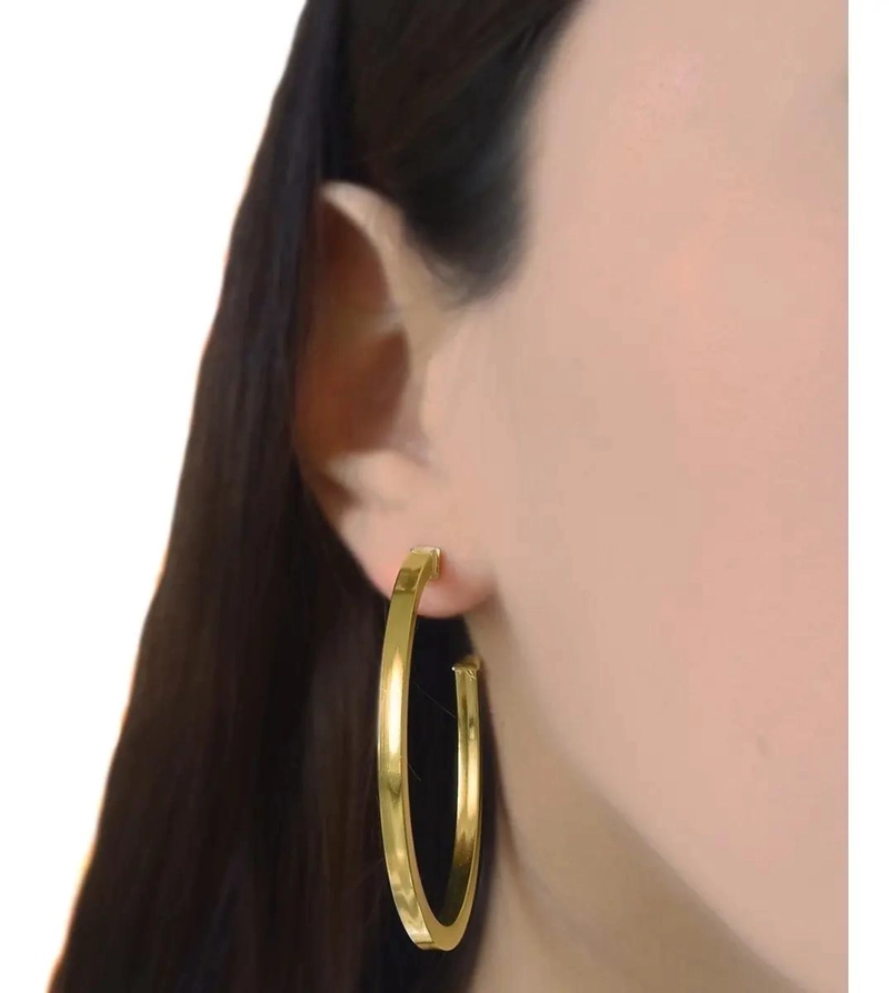 AROS ARGOLLA TUBO CUADRADO DE 50 MM CON BAÑO DE ORO 18 QUILATES - 3
