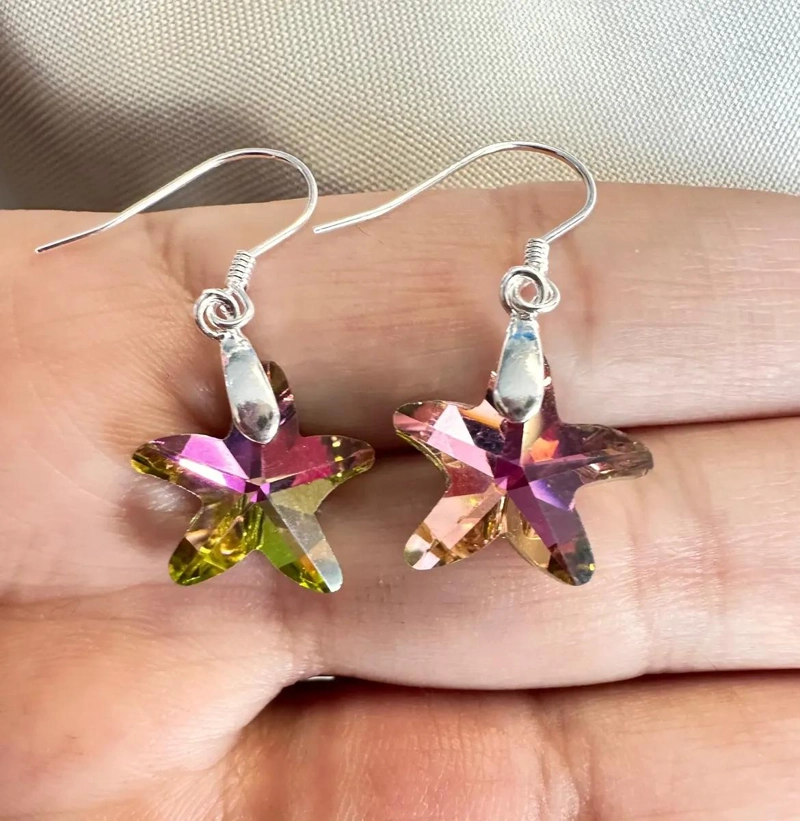 AROS DE PLATA ITALIANA CON DISEÑO DE ESTRELLA Y CRISTALES BRILLANTES - 2