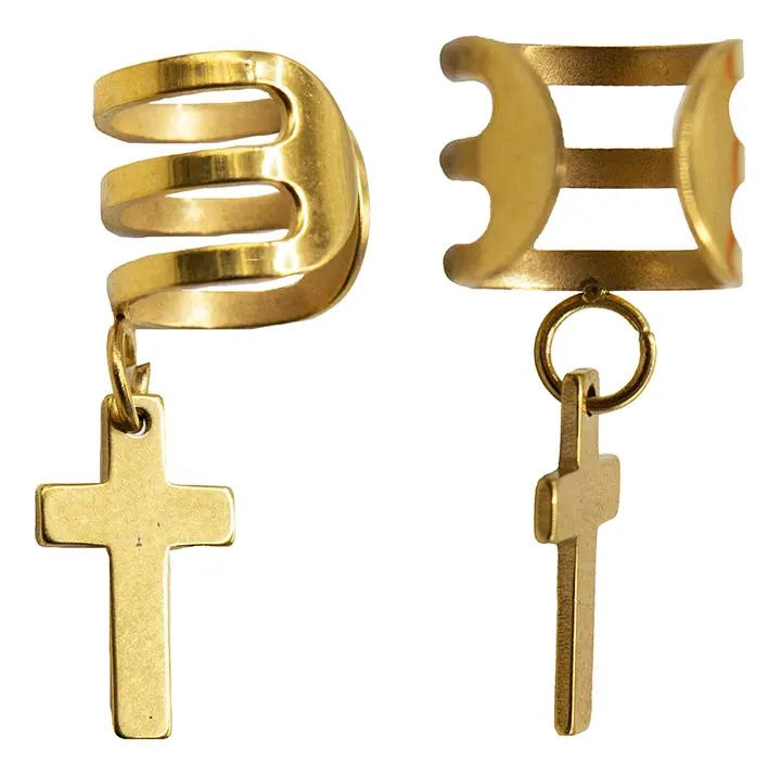 AROS DE ARGOLLA CON COLGANTE CRUZ DORADO ELEGANTE Y MODERNO - 4