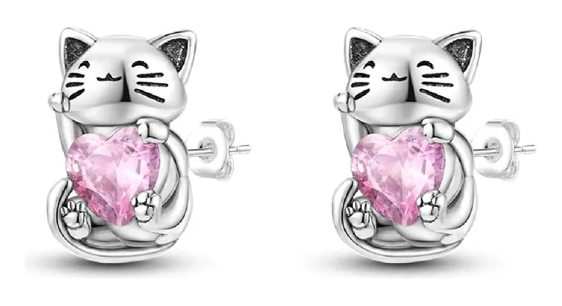 AROS DE PLATA 925 CON DISEÑO DE GATITO Y CORAZON CON CIRCON ROSA - 1