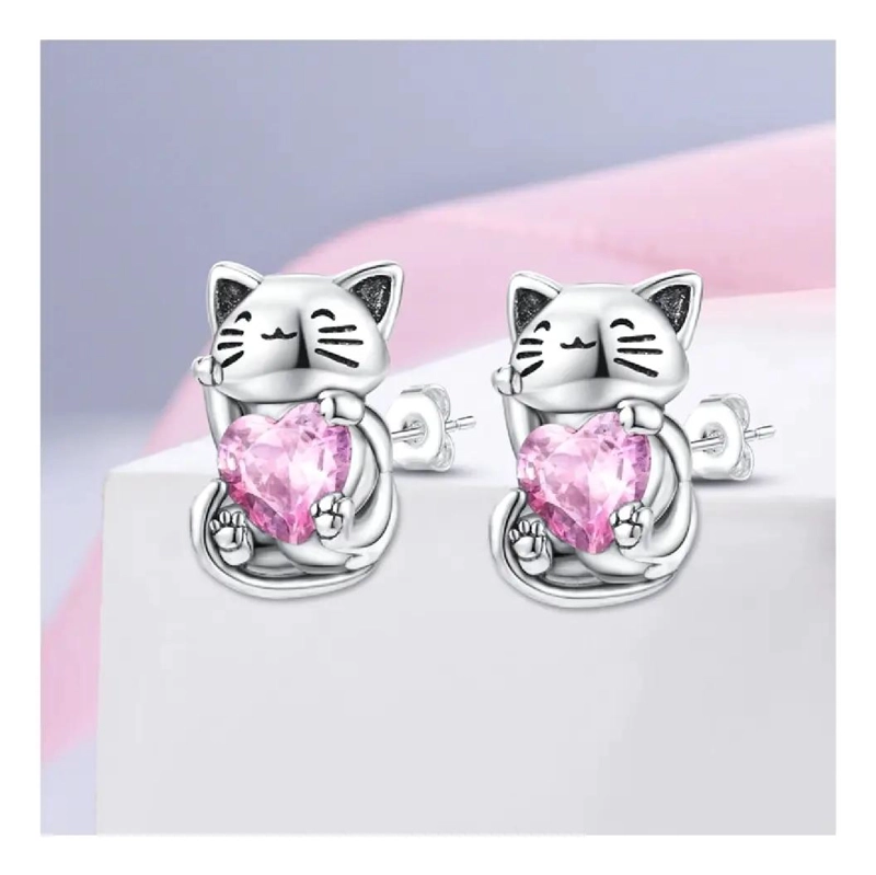 AROS DE PLATA 925 CON DISEÑO DE GATITO Y CORAZON CON CIRCON ROSA - 2