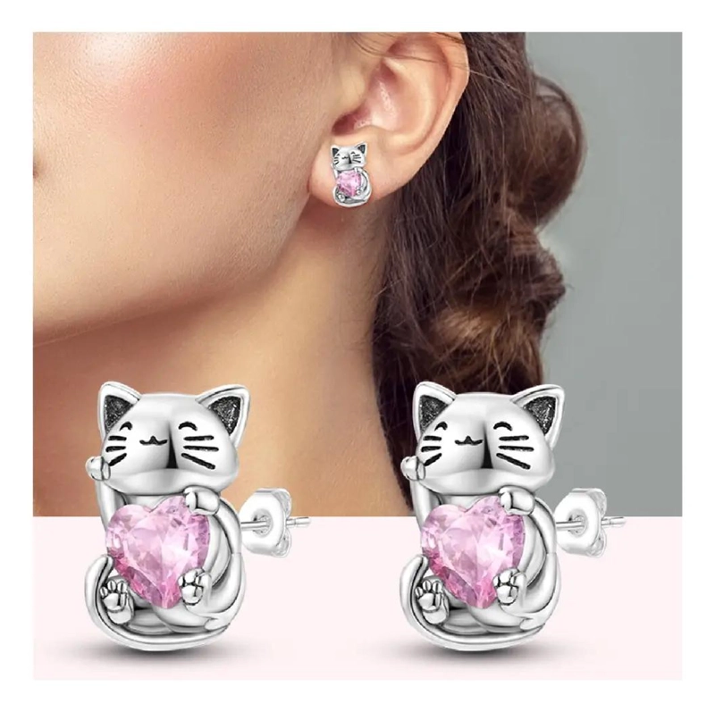 AROS DE PLATA 925 CON DISEÑO DE GATITO Y CORAZON CON CIRCON ROSA - 4