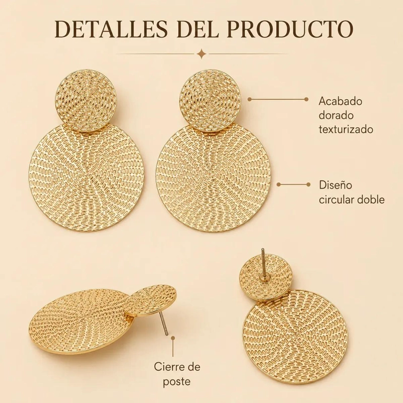 ARETES REDONDOS ESTILO BOHO EN TONO DORADO PARA MUJER - 3