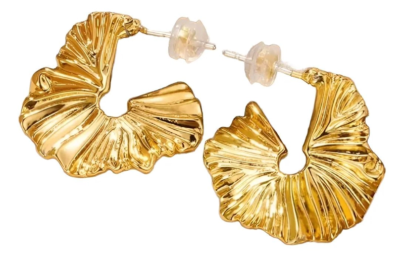 PENDIENTES AROS CLASICOS CON DISEÑO DE HOJA DE GINKGO EN METAL - 1