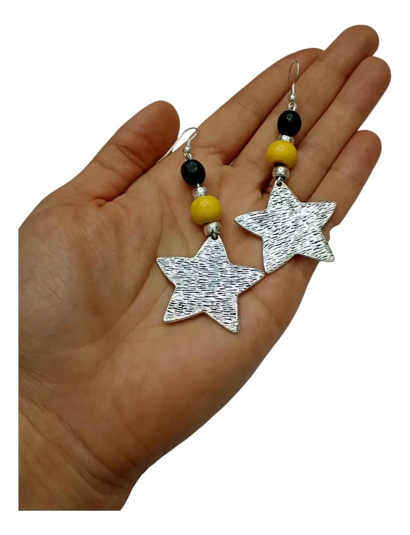 AROS DECORATIVOS CON DISEÑO DE ESTRELLAS Y HOJA CON CUENTAS DE MADERA HIPOALERGE - 3