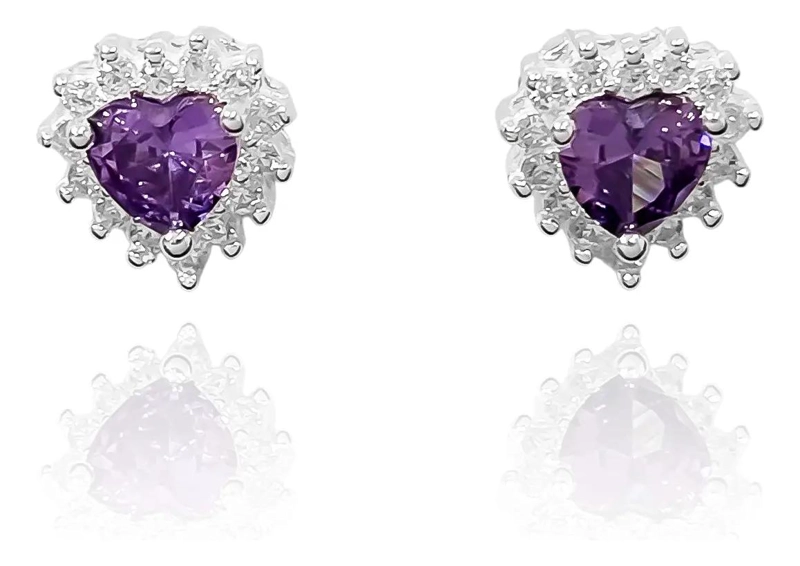 AROS CON DISEÑO DE CORAZON Y CIRCONES MORADOS EN PLATA FINA 925 - 1