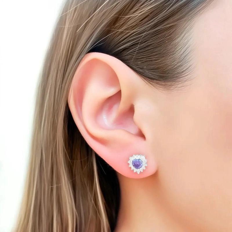 AROS CON DISEÑO DE CORAZON Y CIRCONES MORADOS EN PLATA FINA 925 - 2