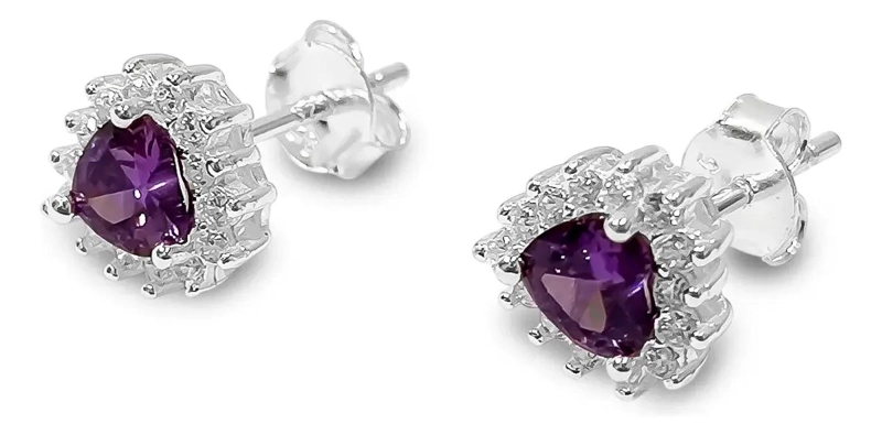 AROS CON DISEÑO DE CORAZON Y CIRCONES MORADOS EN PLATA FINA 925 - 3