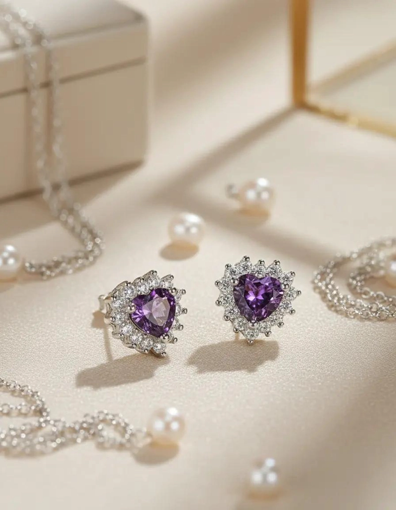 AROS CON DISEÑO DE CORAZON Y CIRCONES MORADOS EN PLATA FINA 925 - 4