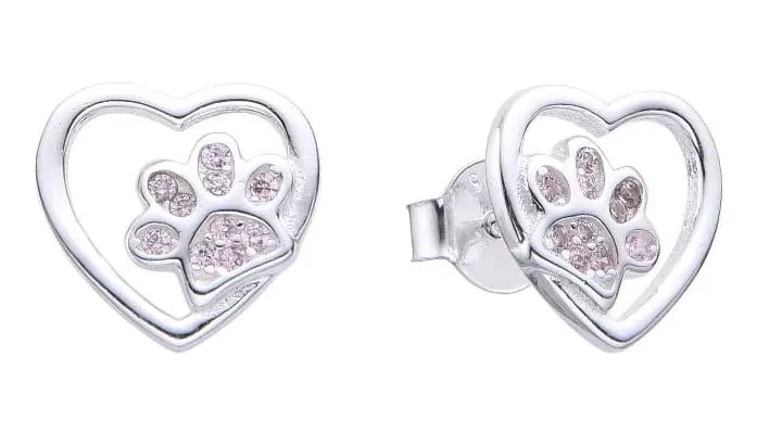 AROS CON DISEÑO DE CORAZON Y HUELLA EN PLATA FINA 925 CON CIRCON ROSADO - 1