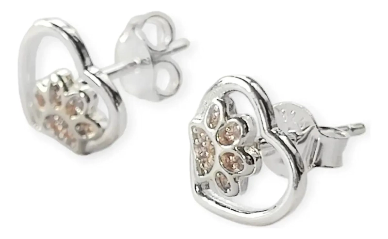 AROS CON DISEÑO DE CORAZON Y HUELLA EN PLATA FINA 925 CON CIRCON ROSADO - 3