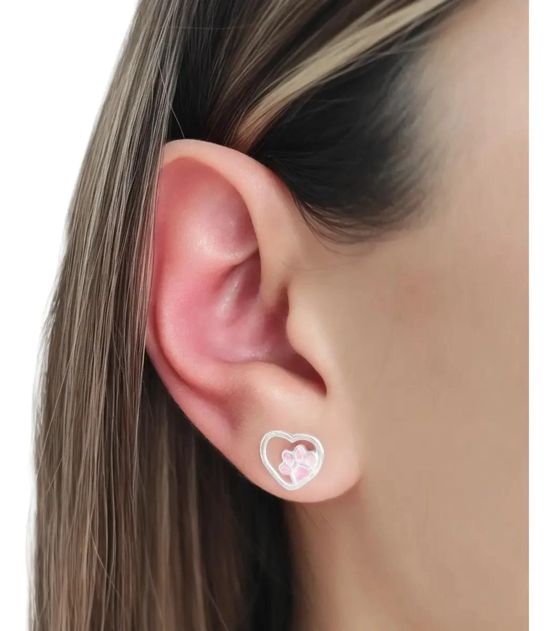 AROS CON DISEÑO DE CORAZON Y HUELLA EN PLATA FINA 925 CON CIRCON ROSADO - 5
