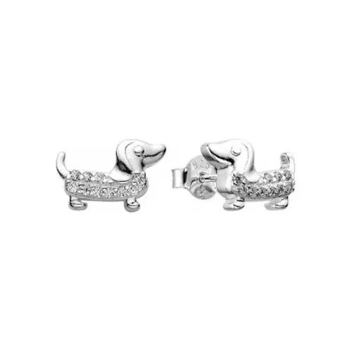 AROS DE PLATA FINA 925 CON DISEÑO DE PERRO SALCHICHA Y MINI CIRCON - 1