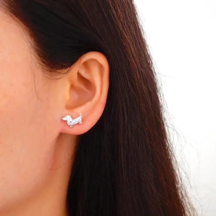 AROS DE PLATA FINA 925 CON DISEÑO DE PERRO SALCHICHA Y MINI CIRCON - 2