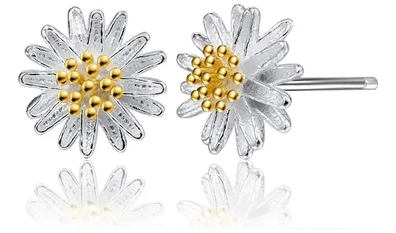 AROS CON DISEÑO DE GIRASOL Y MARGARITA EN PLATA 925 - 1