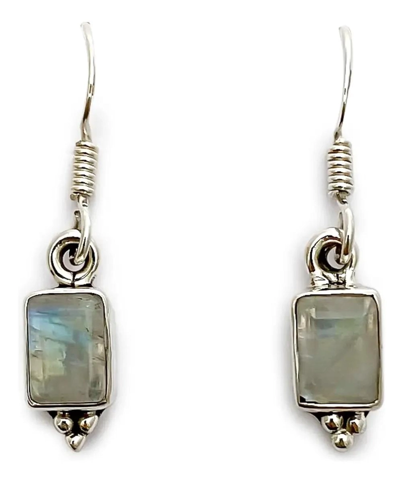 AROS RECTANGULARES CON PIEDRA LUNA Y GANCHO DE PLATA FINA 925 - 1