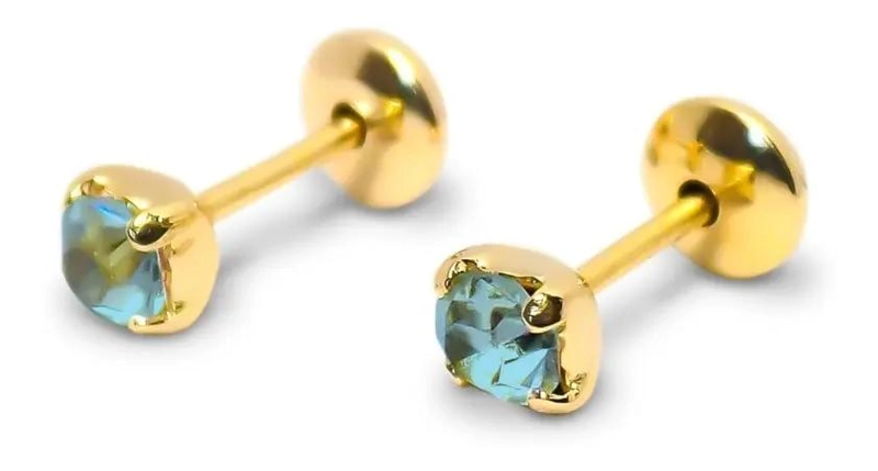 AROS PARA BEBE  CON CIRCON CELESTE DE 3MM ENCHAPADOS EN ORO 18K - 1