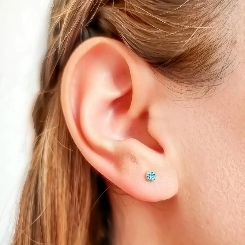 AROS PARA BEBE  CON CIRCON CELESTE DE 3MM ENCHAPADOS EN ORO 18K - 2