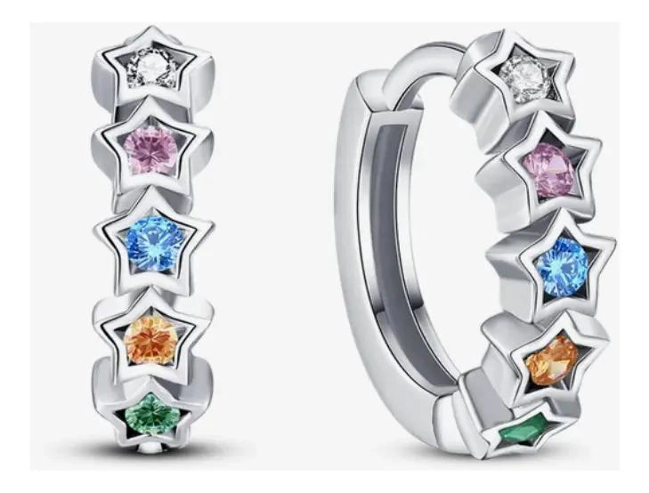 AROS ARGOLLA CON DISEÑO DE ESTRELLAS Y DIAMANTE EN PLATA 925 PARA MUJER - 1