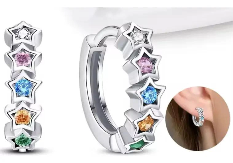 AROS ARGOLLA CON DISEÑO DE ESTRELLAS Y DIAMANTE EN PLATA 925 PARA MUJER - 2
