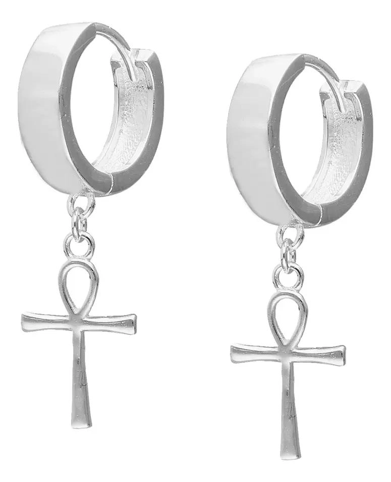 ARO DE PLATA CON DISEÑO DE ARGOLLA HUGGIE DE 13 MM Y CRUZ COLGANTE - 1