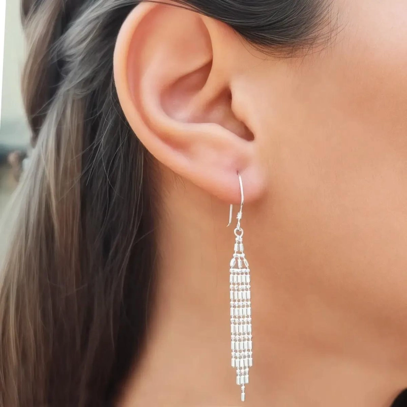 AROS COLGANTES CON CADENA Y BOLITAS EN PLATA FINA ELEGANTE - 2