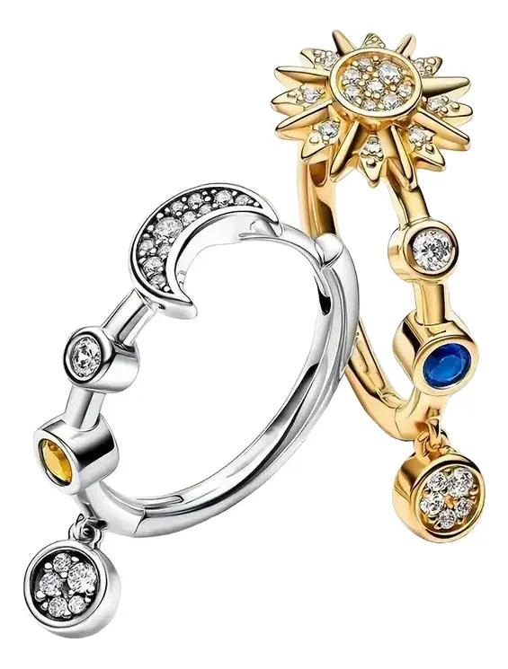 AROS DE PLATA 925 CON DISEÑO DE SOL Y MEDIA LUNA CON CIRCONES - 1