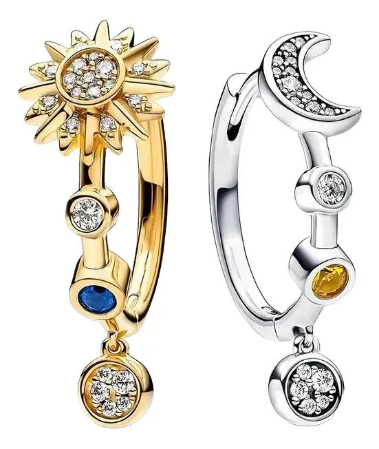 AROS DE PLATA 925 CON DISEÑO DE SOL Y MEDIA LUNA CON CIRCONES - 2