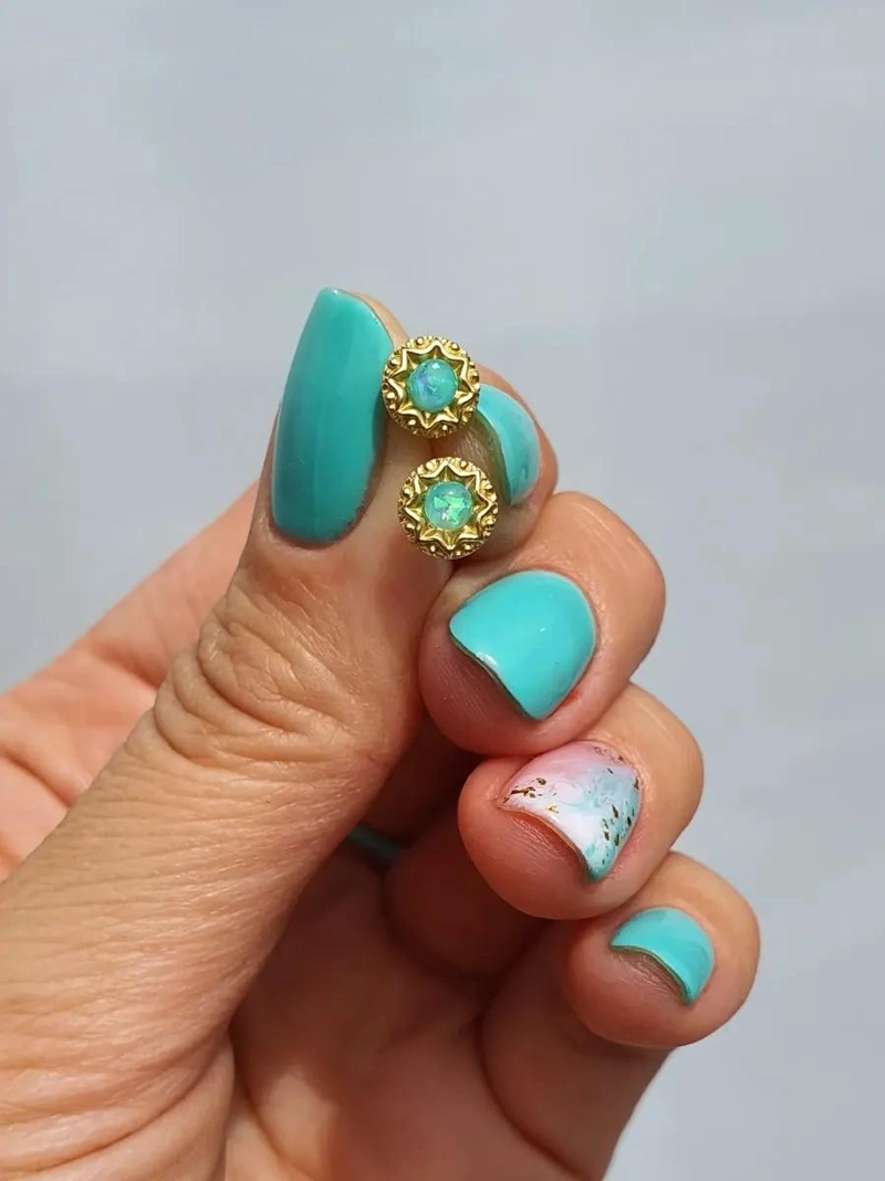 AROS REDONDOS CON OPALO VERDE MENTA EN PLATA 925 Y ORO - 2