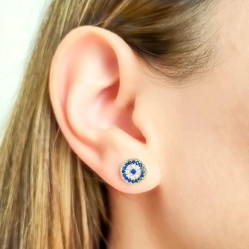 AROS CON DISEÑO DE OJOS TURCOS Y CIRCONES DE 9MM ENCHAPADOS EN ORO 18K - 3
