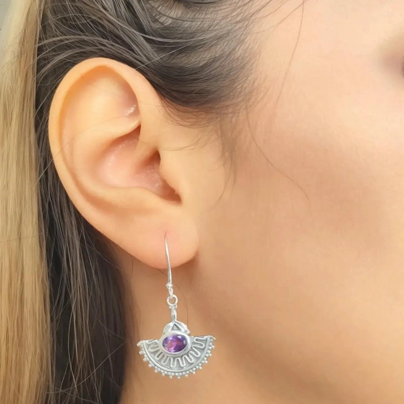 AROS DE PLATA FINA 925 CON AMATISTA NATURAL ELEGANTE - 4
