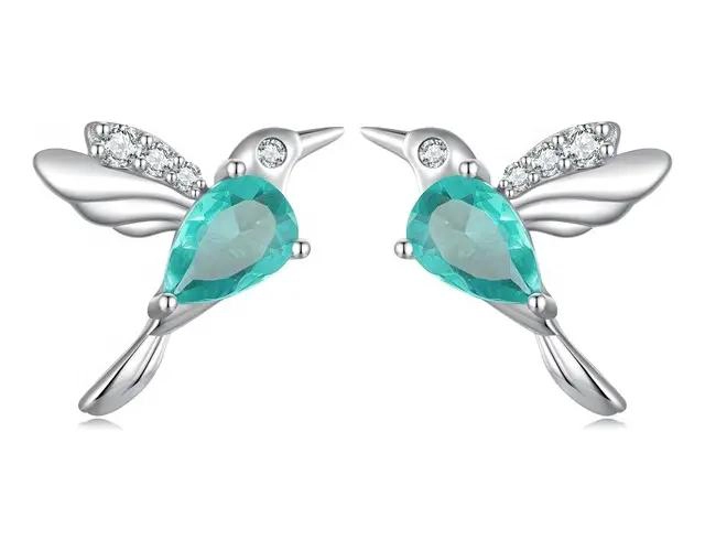 PENDIENTES DE PLATA 925 CON DISEÑO DE COLIBRI VERDE PARA MUJER - 1
