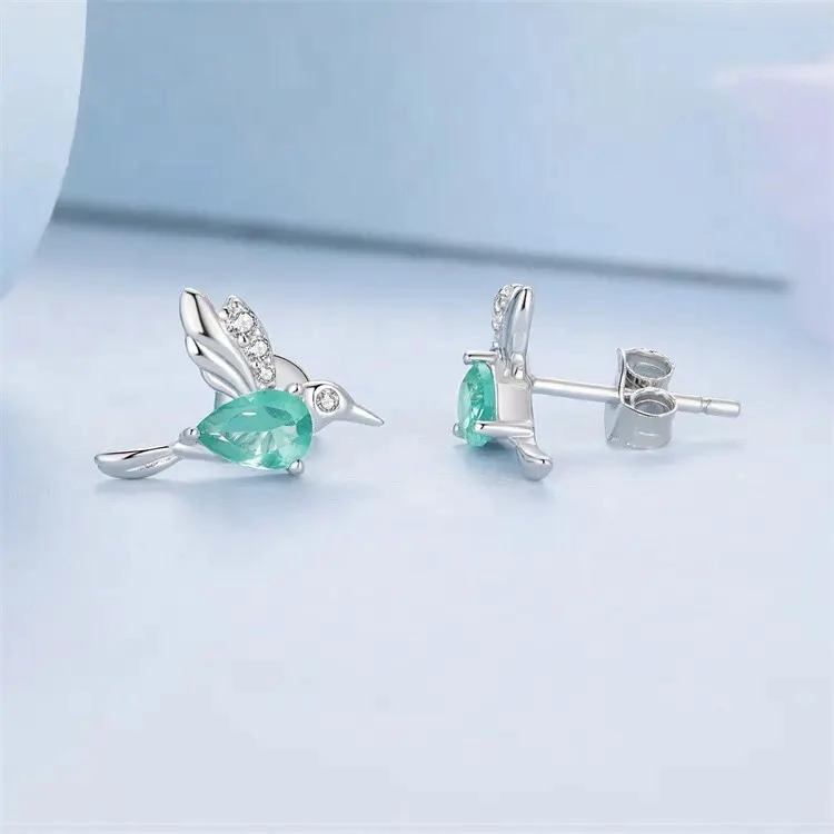 PENDIENTES DE PLATA 925 CON DISEÑO DE COLIBRI VERDE PARA MUJER - 2