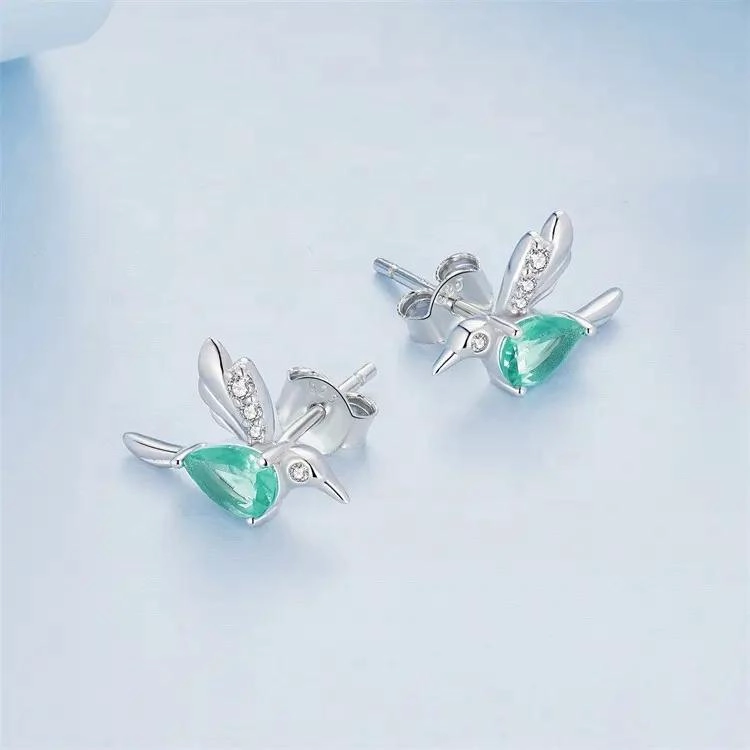 PENDIENTES DE PLATA 925 CON DISEÑO DE COLIBRI VERDE PARA MUJER - 3
