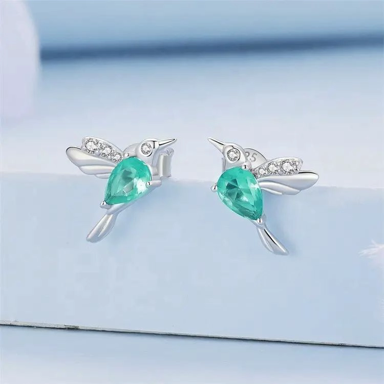 PENDIENTES DE PLATA 925 CON DISEÑO DE COLIBRI VERDE PARA MUJER - 4