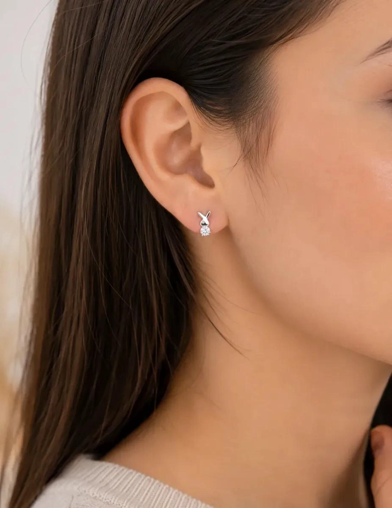 AROS DE PLATA FINA 925 CON CIRCONIA BRILLANTE EN DISEÑO DE CONEJO PARA MUJER - 2