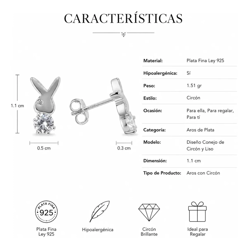 AROS DE PLATA FINA 925 CON CIRCONIA BRILLANTE EN DISEÑO DE CONEJO PARA MUJER - 3