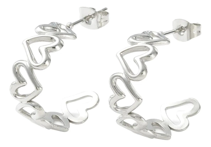 AROS ARGOLLAS PARA DAMA CON DISEÑO DE ESLABON Y CORAZON EN ACERO - 1