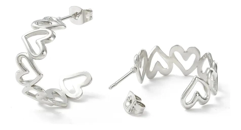 AROS ARGOLLAS PARA DAMA CON DISEÑO DE ESLABON Y CORAZON EN ACERO - 2