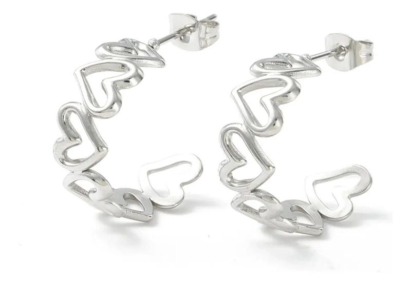 AROS ARGOLLAS PARA DAMA CON DISEÑO DE ESLABON Y CORAZON EN ACERO - 3