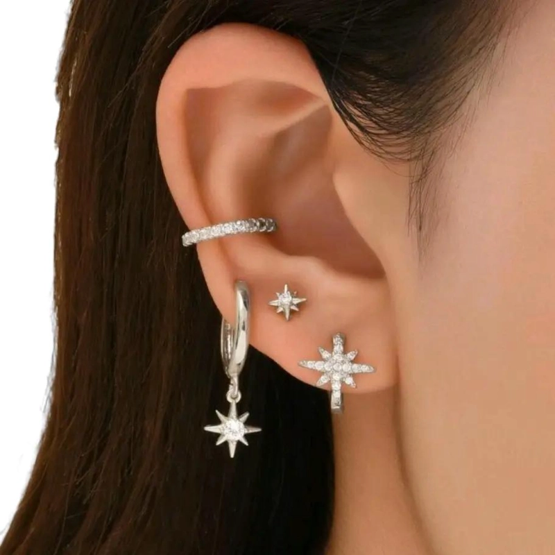 SET DE AROS CON CIRCONIA EN FORMA DE ESTRELLA PARA MUJER BAÑO ORO 18K - 1