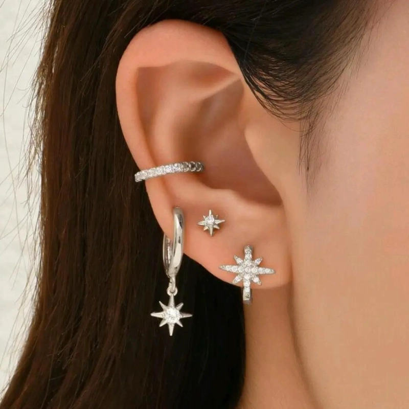 SET DE AROS CON CIRCONIA EN FORMA DE ESTRELLA PARA MUJER BAÑO ORO 18K - 2