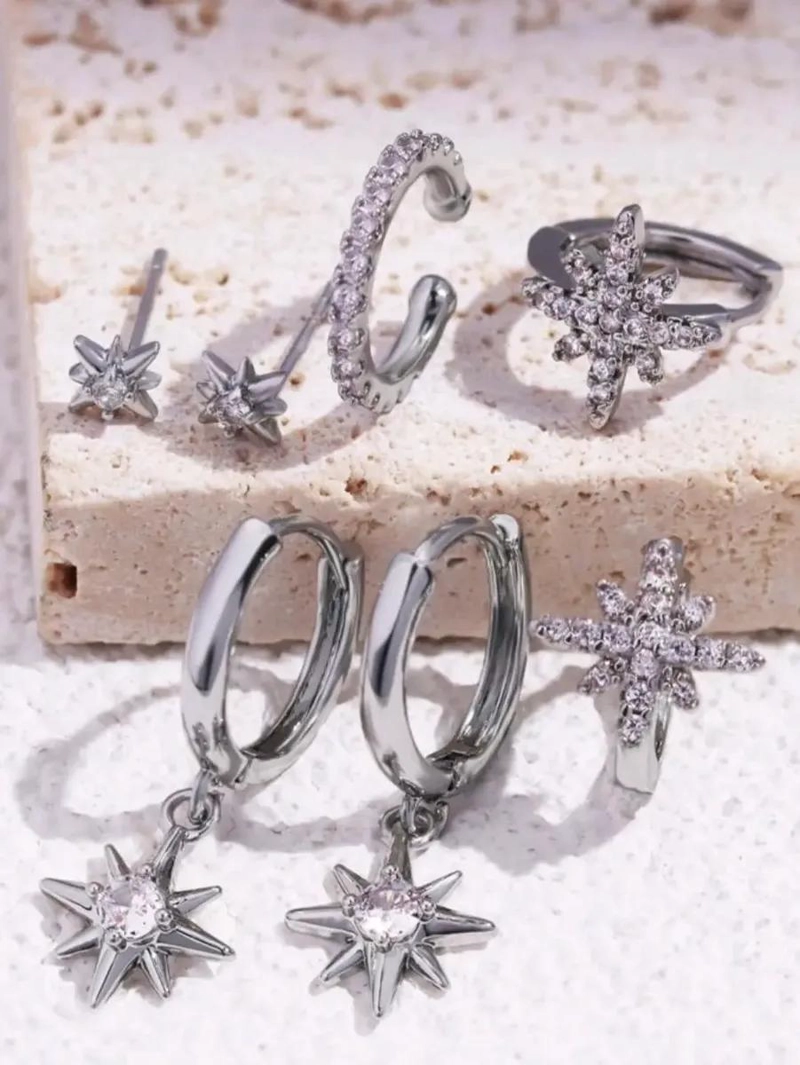 SET DE AROS CON CIRCONIA EN FORMA DE ESTRELLA PARA MUJER BAÑO ORO 18K - 3