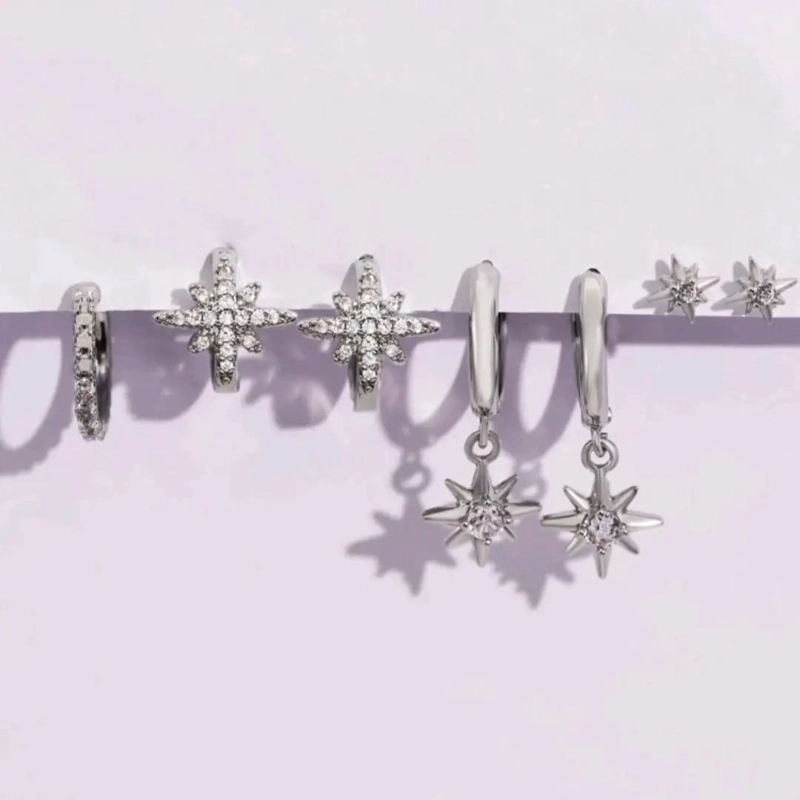 SET DE AROS CON CIRCONIA EN FORMA DE ESTRELLA PARA MUJER BAÑO ORO 18K - 5
