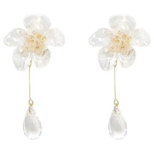 ARETES LARGOS DORADOS CON DISEÑO DE FLOR Y EFECTO TORNASOL - 1