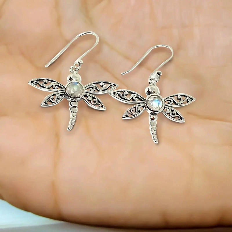 AROS CON DISEÑO DE LIBE LULA Y PIEDRA LUNA EN PLATA FINA 925 ENVEJECIDA - 3
