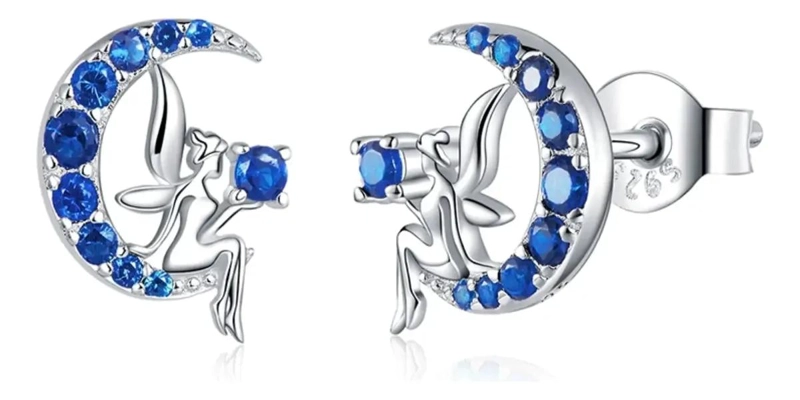 AROS CON DISEÑO DE HADA Y LUNA CON CIRCON AZUL EN PLATA 925 - 1