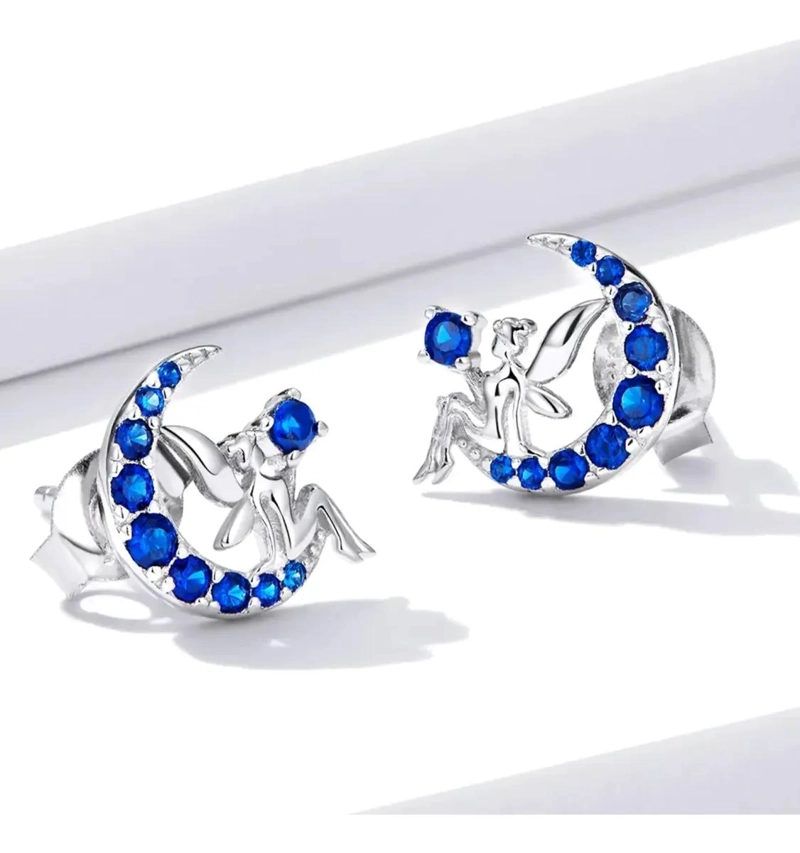 AROS CON DISEÑO DE HADA Y LUNA CON CIRCON AZUL EN PLATA 925 - 2