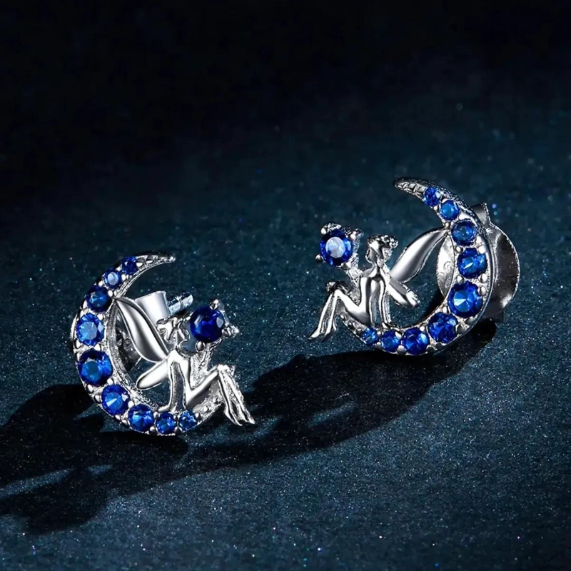 AROS CON DISEÑO DE HADA Y LUNA CON CIRCON AZUL EN PLATA 925 - 3