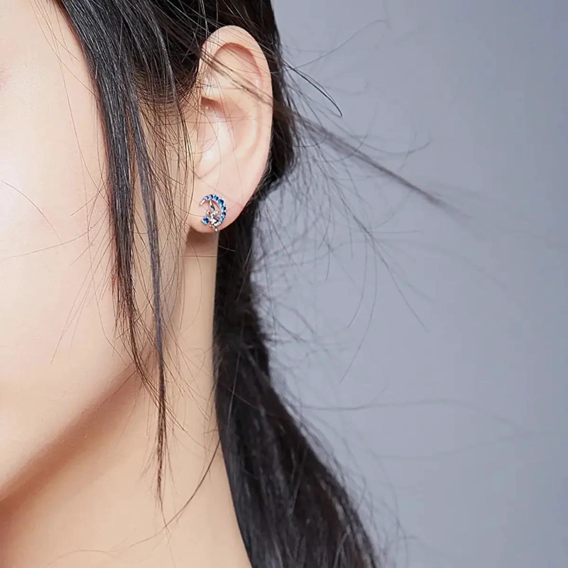 AROS CON DISEÑO DE HADA Y LUNA CON CIRCON AZUL EN PLATA 925 - 4